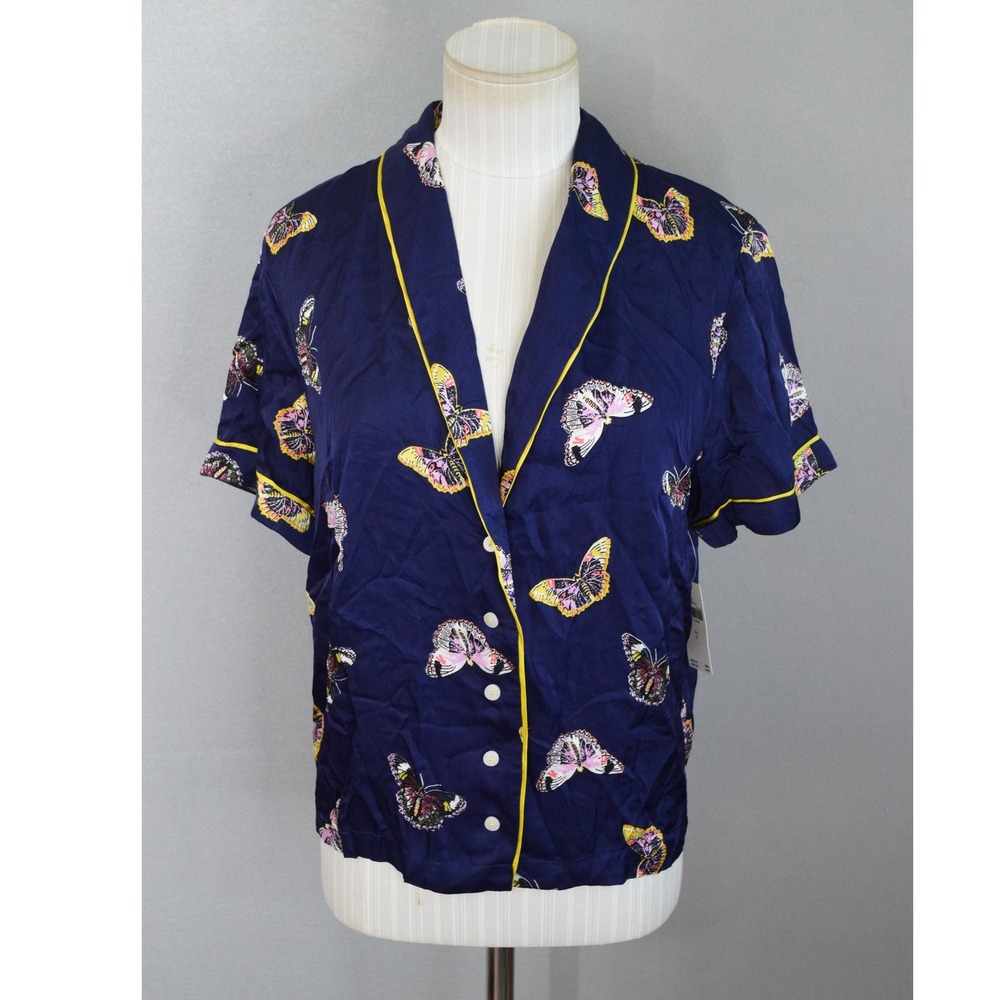 Anthropologie Pajama Top Small Navy Blue Butterfly Print Yellow Piping Women New